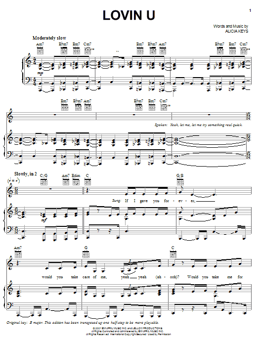 Alicia Keys Lovin U sheet music notes and chords arranged for Piano, Vocal & Guitar Chords (Right-Hand Melody)