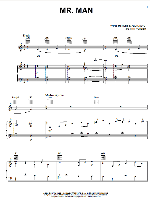 Alicia Keys Mr. Man sheet music notes and chords arranged for Piano, Vocal & Guitar Chords (Right-Hand Melody)