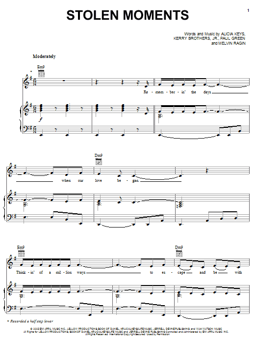 Alicia Keys Stolen Moments sheet music notes and chords arranged for Piano, Vocal & Guitar Chords (Right-Hand Melody)