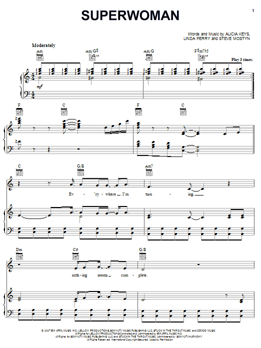Alicia Keys Superwoman sheet music notes and chords arranged for Piano, Vocal & Guitar Chords (Right-Hand Melody)