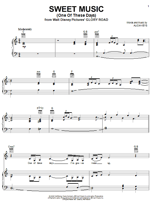 Alicia Keys Sweet Music (One Of These Days) sheet music notes and chords arranged for Piano, Vocal & Guitar Chords (Right-Hand Melody)