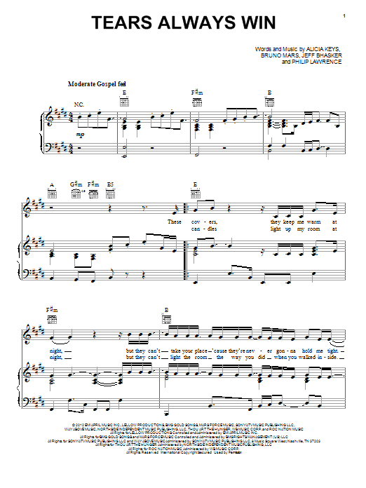 Alicia Keys Tears Always Win sheet music notes and chords arranged for Piano, Vocal & Guitar Chords (Right-Hand Melody)