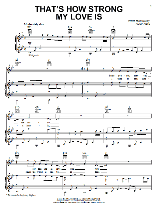 Alicia Keys That's How Strong My Love Is sheet music notes and chords arranged for Piano, Vocal & Guitar Chords (Right-Hand Melody)