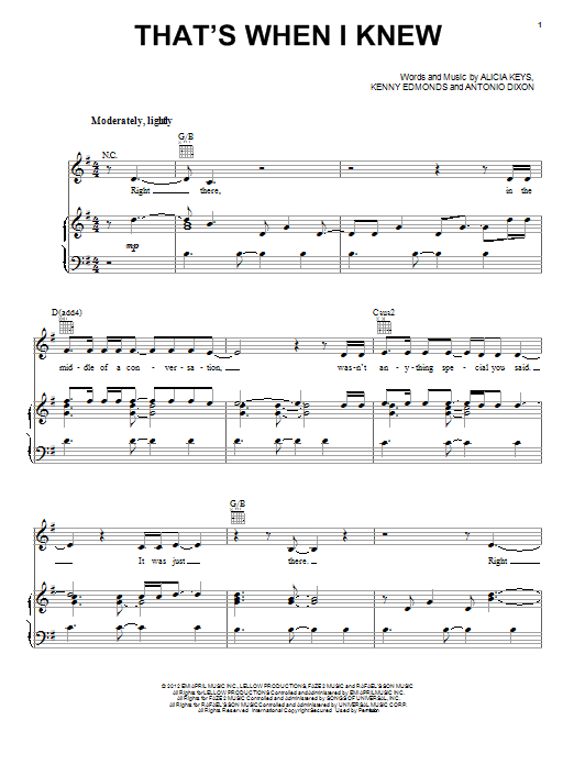 Alicia Keys That's When I Knew sheet music notes and chords arranged for Piano, Vocal & Guitar Chords (Right-Hand Melody)