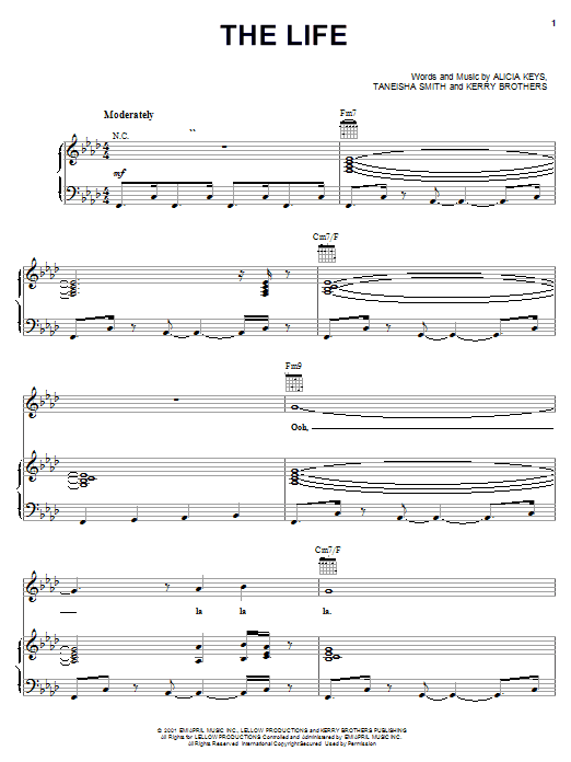 Alicia Keys The Life sheet music notes and chords arranged for Piano, Vocal & Guitar Chords (Right-Hand Melody)