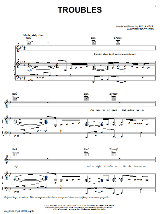 Alicia Keys Troubles sheet music notes and chords arranged for Piano, Vocal & Guitar Chords (Right-Hand Melody)