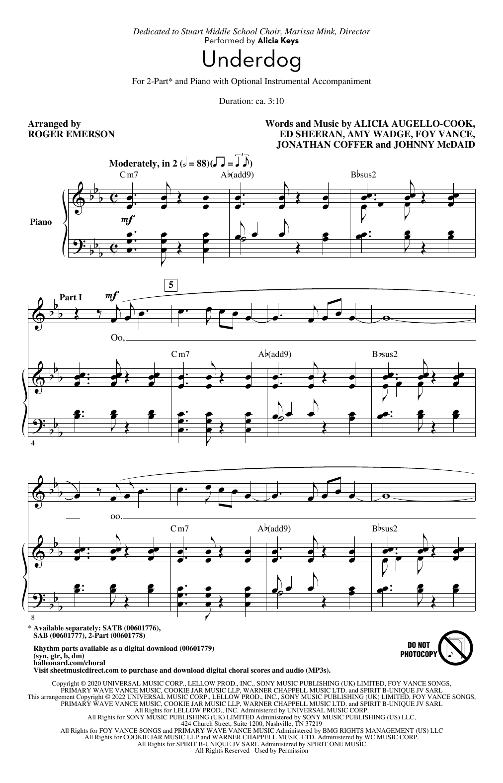 Alicia Keys Underdog (arr. Roger Emerson) sheet music notes and chords arranged for 2-Part Choir