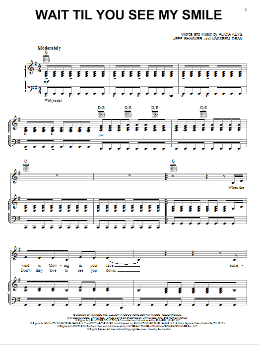 Alicia Keys Wait Til You See My Smile sheet music notes and chords arranged for Piano, Vocal & Guitar Chords (Right-Hand Melody)
