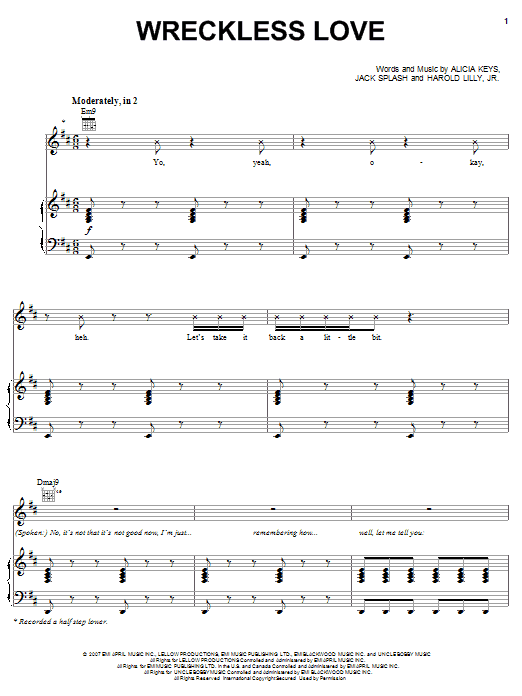 Alicia Keys Wreckless Love sheet music notes and chords arranged for Piano, Vocal & Guitar Chords (Right-Hand Melody)