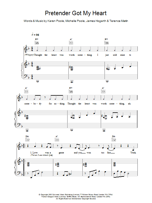 Alisha's Attic Pretender Got My Heart sheet music notes and chords arranged for Piano, Vocal & Guitar Chords
