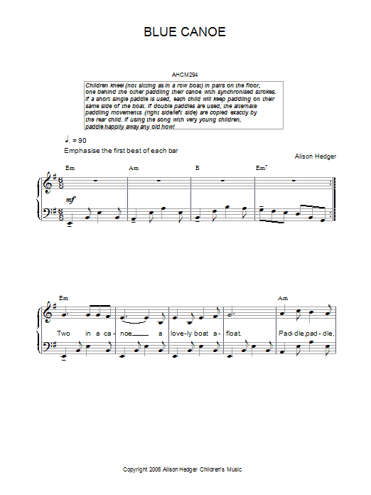Alison Hedger Blue Canoe sheet music notes and chords arranged for Piano, Vocal & Guitar Chords