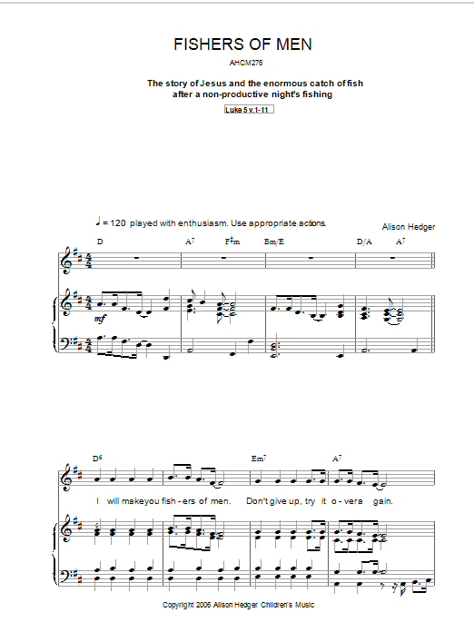 Alison Hedger Fishers Of Men sheet music notes and chords arranged for Piano, Vocal & Guitar Chords