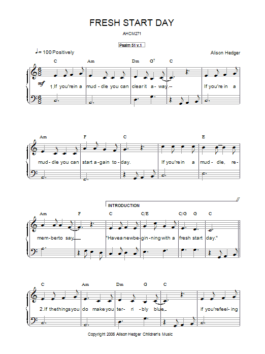 Alison Hedger Fresh Start Day sheet music notes and chords arranged for Piano, Vocal & Guitar Chords