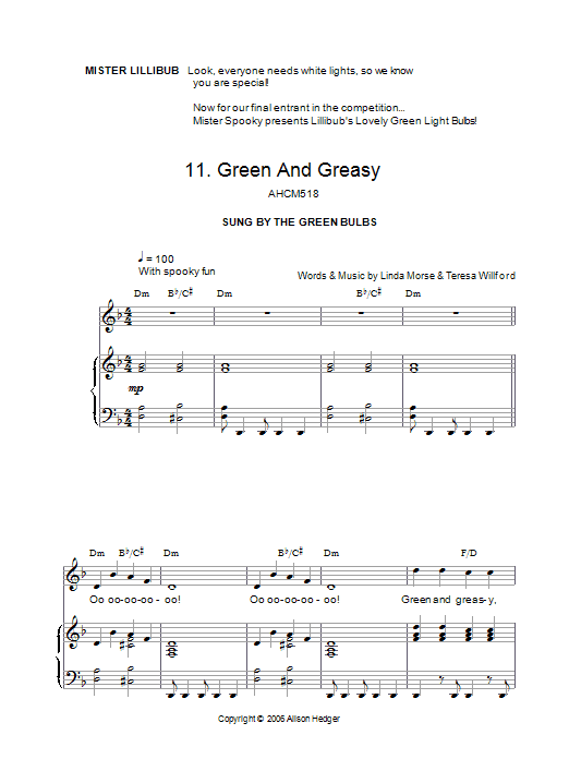 Alison Hedger Green And Greasy (from Mister Lillibub's Lovely Light Bulbs) sheet music notes and chords arranged for Piano, Vocal & Guitar Chords