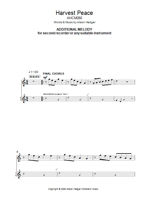 Alison Hedger Harvest Peace (Additional Melody Part) sheet music notes and chords arranged for Lead Sheet / Fake Book