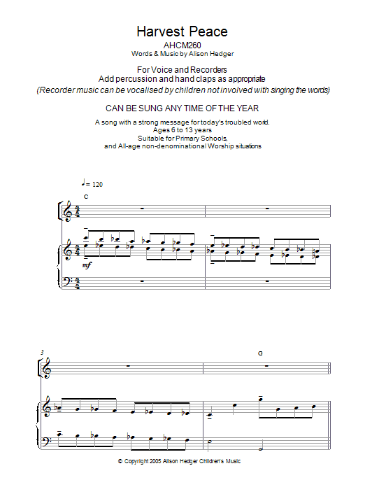Alison Hedger Harvest Peace sheet music notes and chords arranged for Piano, Vocal & Guitar Chords