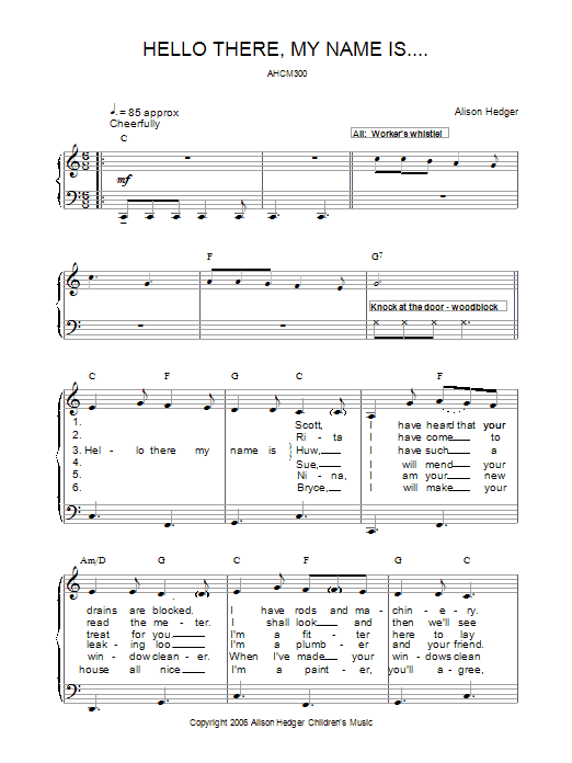 Alison Hedger Hello There, My Name Is . . . sheet music notes and chords arranged for Piano, Vocal & Guitar Chords