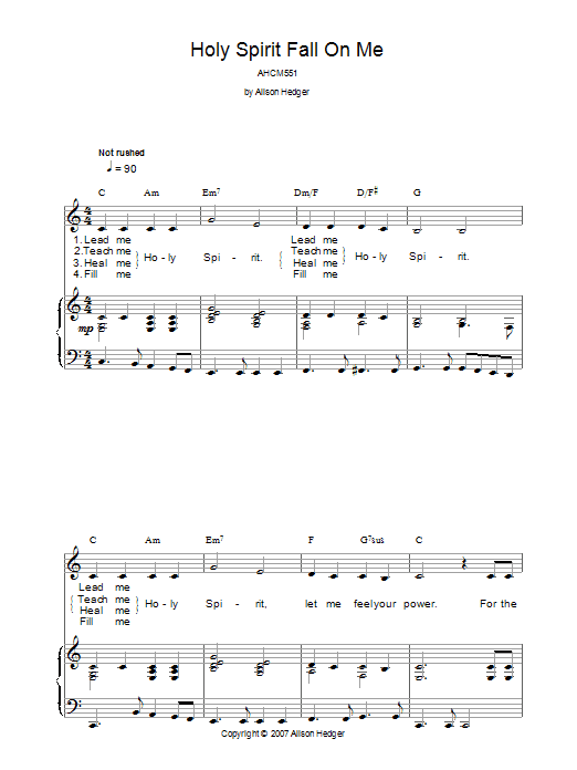Alison Hedger Holy Spirit Fall On Me sheet music notes and chords arranged for Piano, Vocal & Guitar Chords