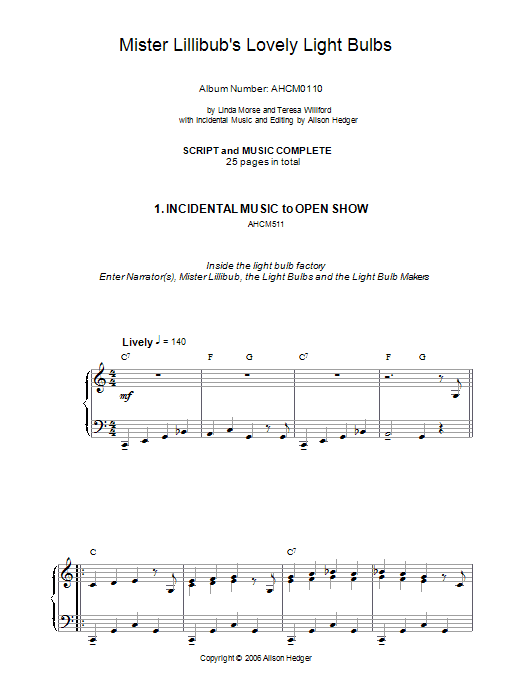 Alison Hedger Incidental Music (from Mister Lillibub's Lovely Light Bulbs) sheet music notes and chords arranged for Piano Solo