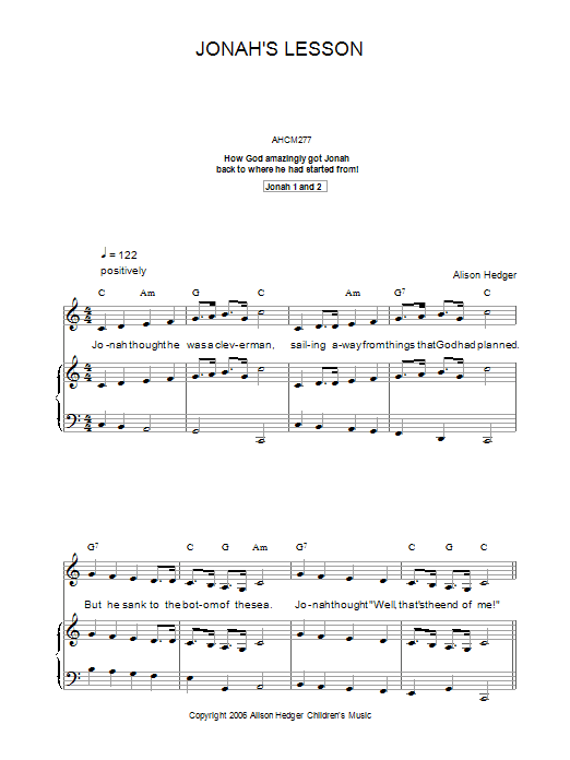 Alison Hedger Jonah's Lesson sheet music notes and chords arranged for Piano, Vocal & Guitar Chords