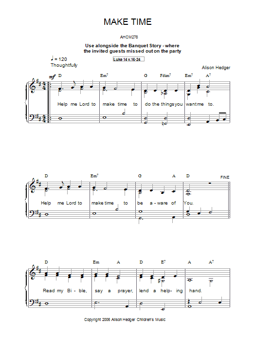 Alison Hedger Make Time sheet music notes and chords arranged for Piano, Vocal & Guitar Chords