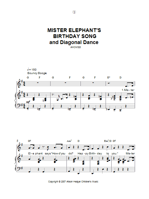Alison Hedger Mister Elephant's Birthday Song And Diagonal Dance sheet music notes and chords arranged for Piano, Vocal & Guitar Chords