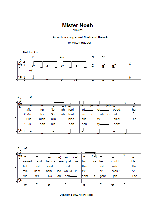 Alison Hedger Mister Noah sheet music notes and chords arranged for Piano, Vocal & Guitar Chords