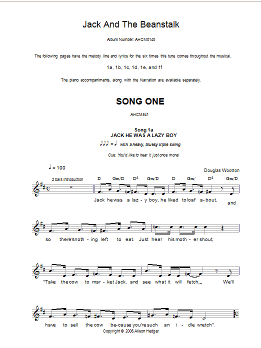Alison Hedger Song 1 (from Jack And The Beanstalk) sheet music notes and chords arranged for Lead Sheet / Fake Book