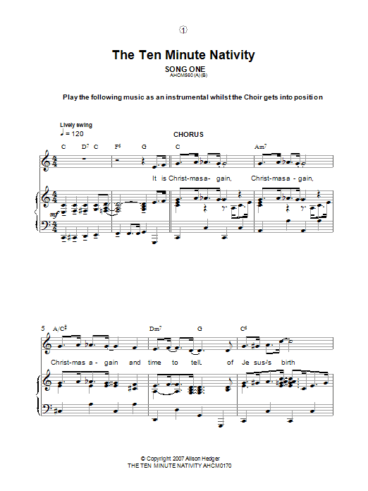 Alison Hedger Song One / Instrumental Introduction (from The Ten Minute Nativity) sheet music notes and chords arranged for Piano, Vocal & Guitar Chords