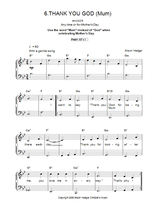 Alison Hedger Thank You God sheet music notes and chords arranged for Piano, Vocal & Guitar Chords