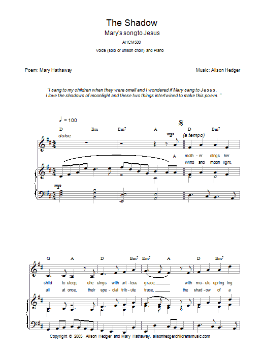 Alison Hedger The Shadow sheet music notes and chords arranged for Piano, Vocal & Guitar Chords