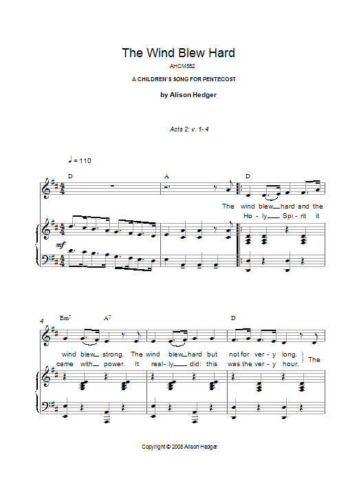 Alison Hedger The Wind Blew Hard sheet music notes and chords arranged for Piano, Vocal & Guitar Chords