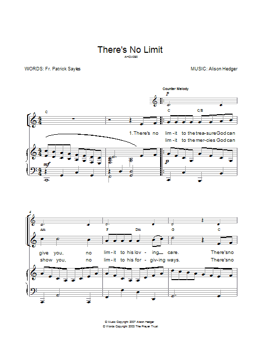Alison Hedger There's No Limit sheet music notes and chords arranged for Piano, Vocal & Guitar Chords