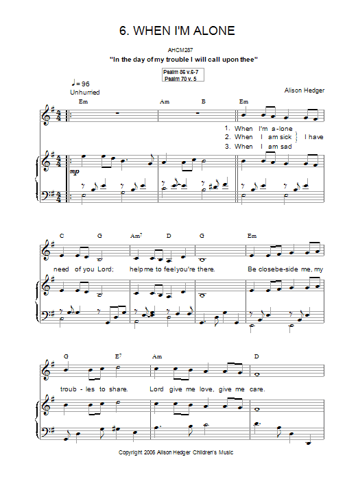 Alison Hedger When I'm Alone sheet music notes and chords arranged for Piano, Vocal & Guitar Chords