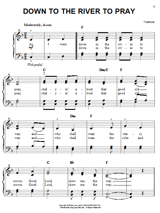 Alison Krauss Down To The River To Pray (from O Brother, Where Art Thou?) sheet music notes and chords arranged for Easy Piano