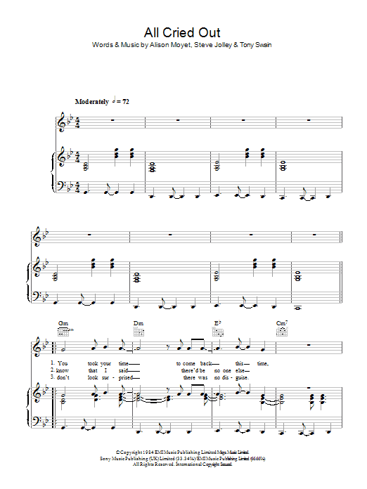 Alison Moyet All Cried Out sheet music notes and chords arranged for Piano, Vocal & Guitar Chords