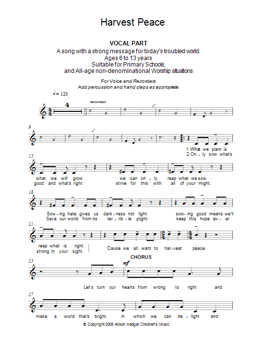 Alison Hedger Harvest Peace (Vocal Part) sheet music notes and chords. Download Printable PDF.