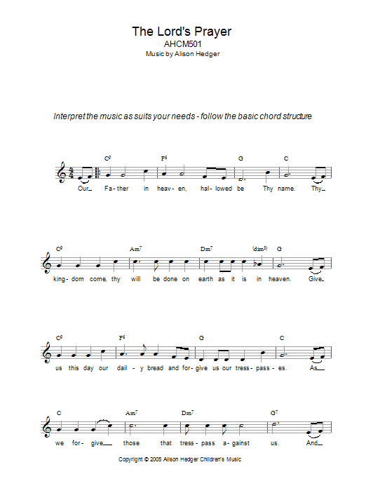 Alison Hedger The Lord's Prayer sheet music notes and chords. Download Printable PDF.