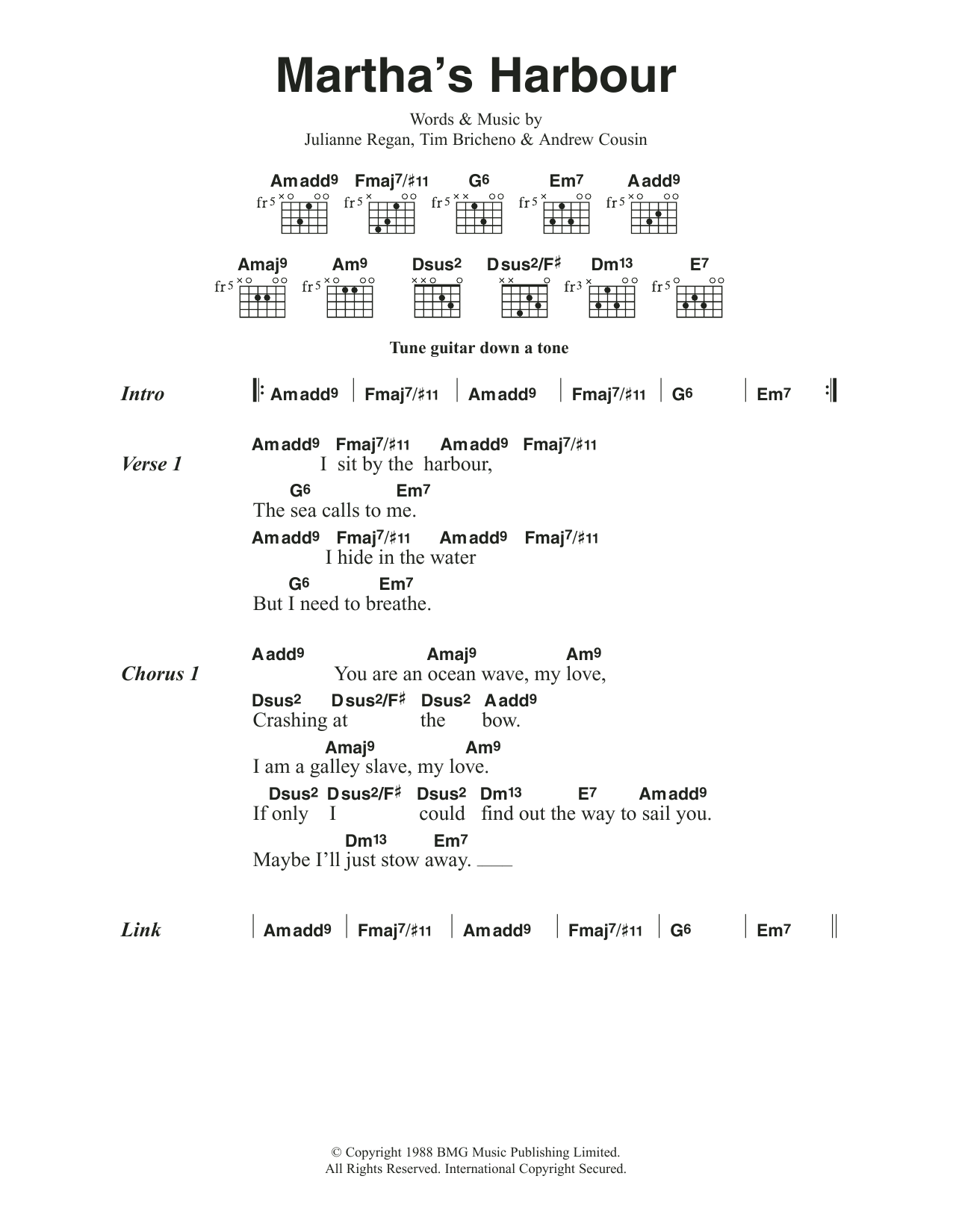 All About Eve Martha's Harbour sheet music notes and chords arranged for Guitar Chords/Lyrics