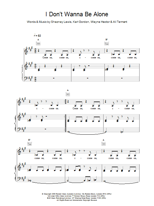 All Saints I Don't Wanna Be Alone sheet music notes and chords arranged for Piano, Vocal & Guitar Chords