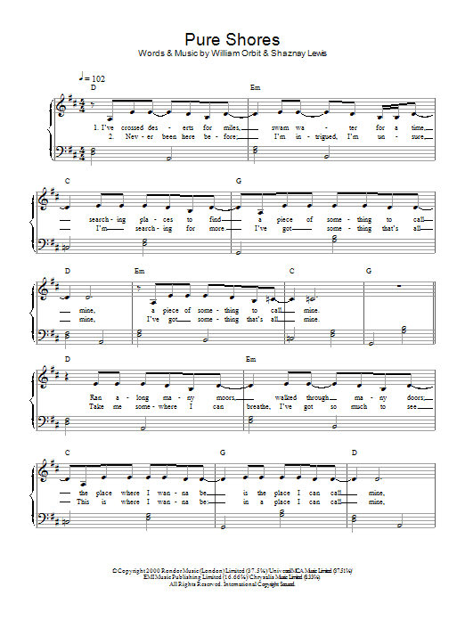 All Saints Pure Shores sheet music notes and chords arranged for Piano Chords/Lyrics