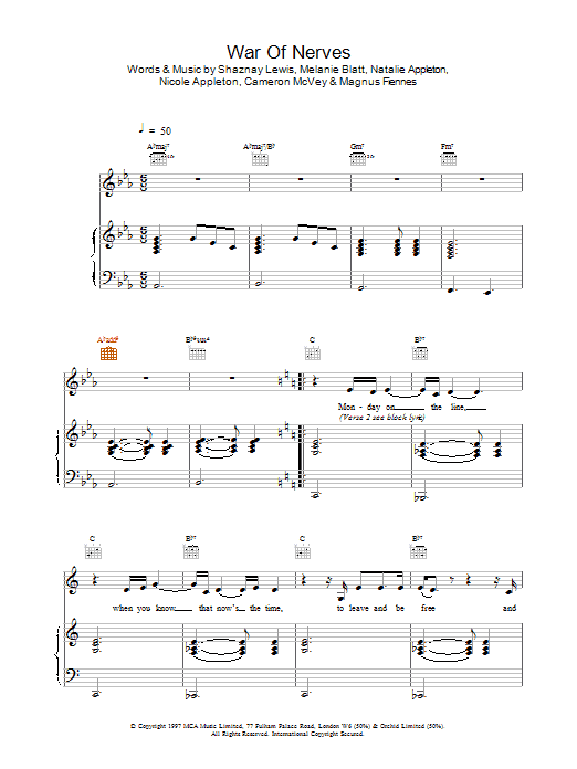 All Saints War Of Nerves sheet music notes and chords arranged for Piano, Vocal & Guitar Chords