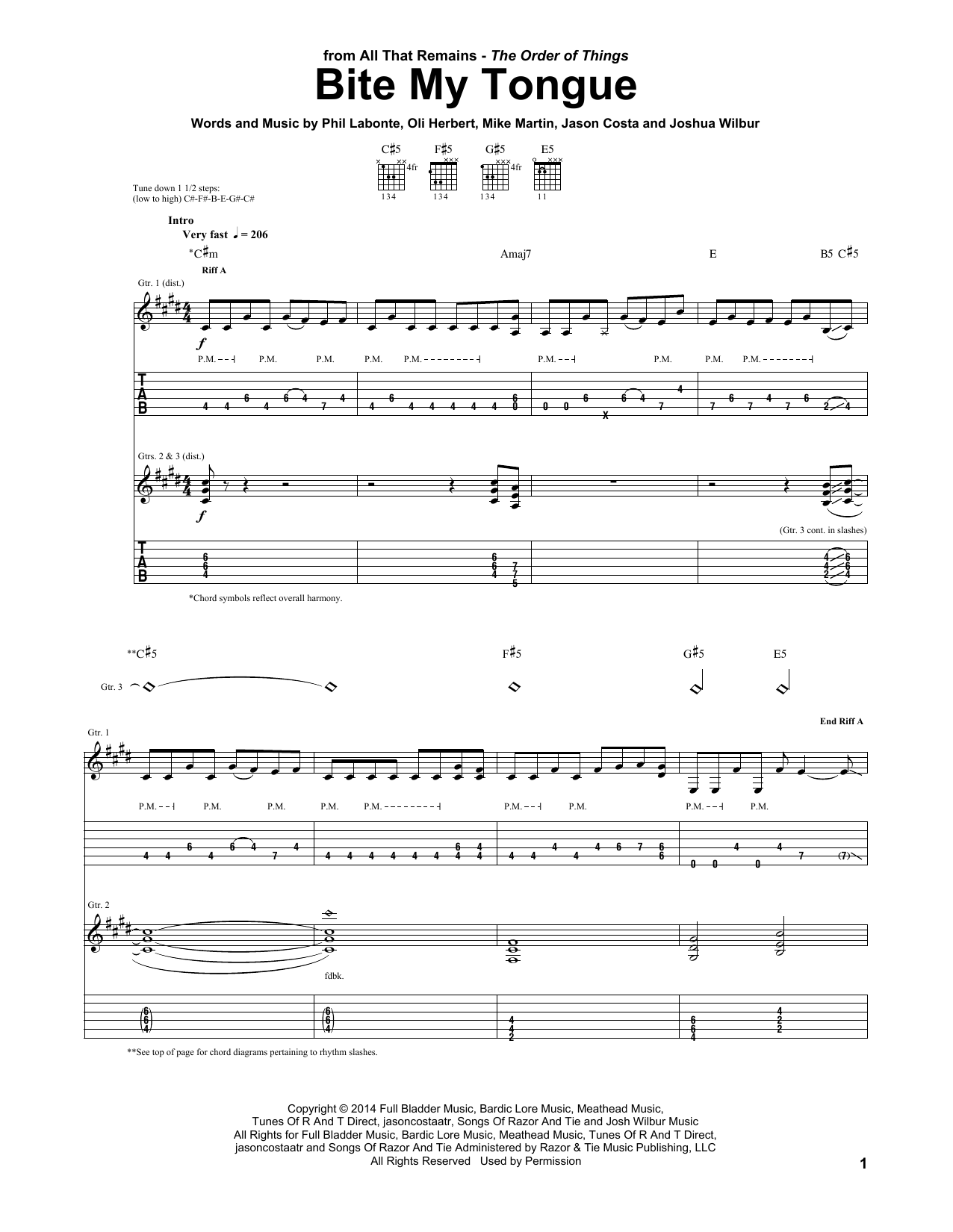 All That Remains Bite My Tongue sheet music notes and chords arranged for Guitar Tab
