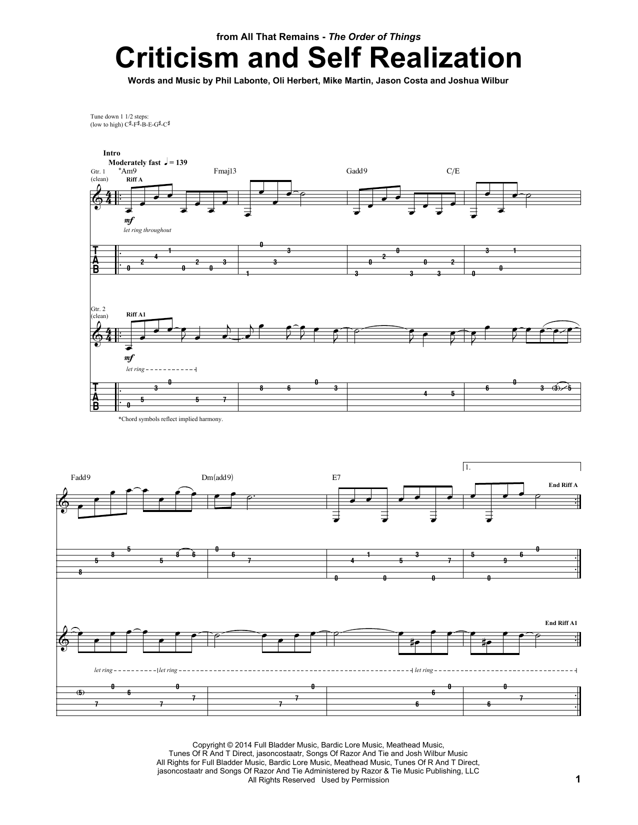 All That Remains Criticism And Self Realization sheet music notes and chords arranged for Guitar Tab