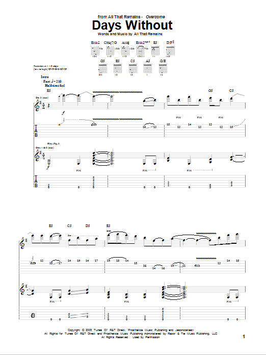 All That Remains Days Without sheet music notes and chords arranged for Guitar Tab