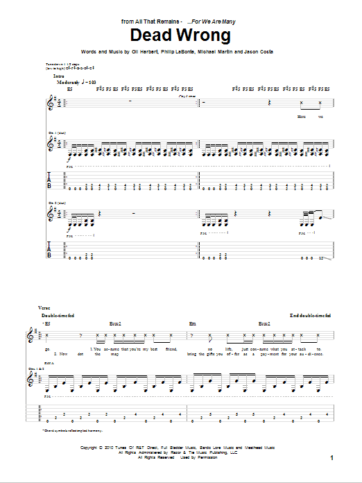 All That Remains Dead Wrong sheet music notes and chords arranged for Guitar Tab
