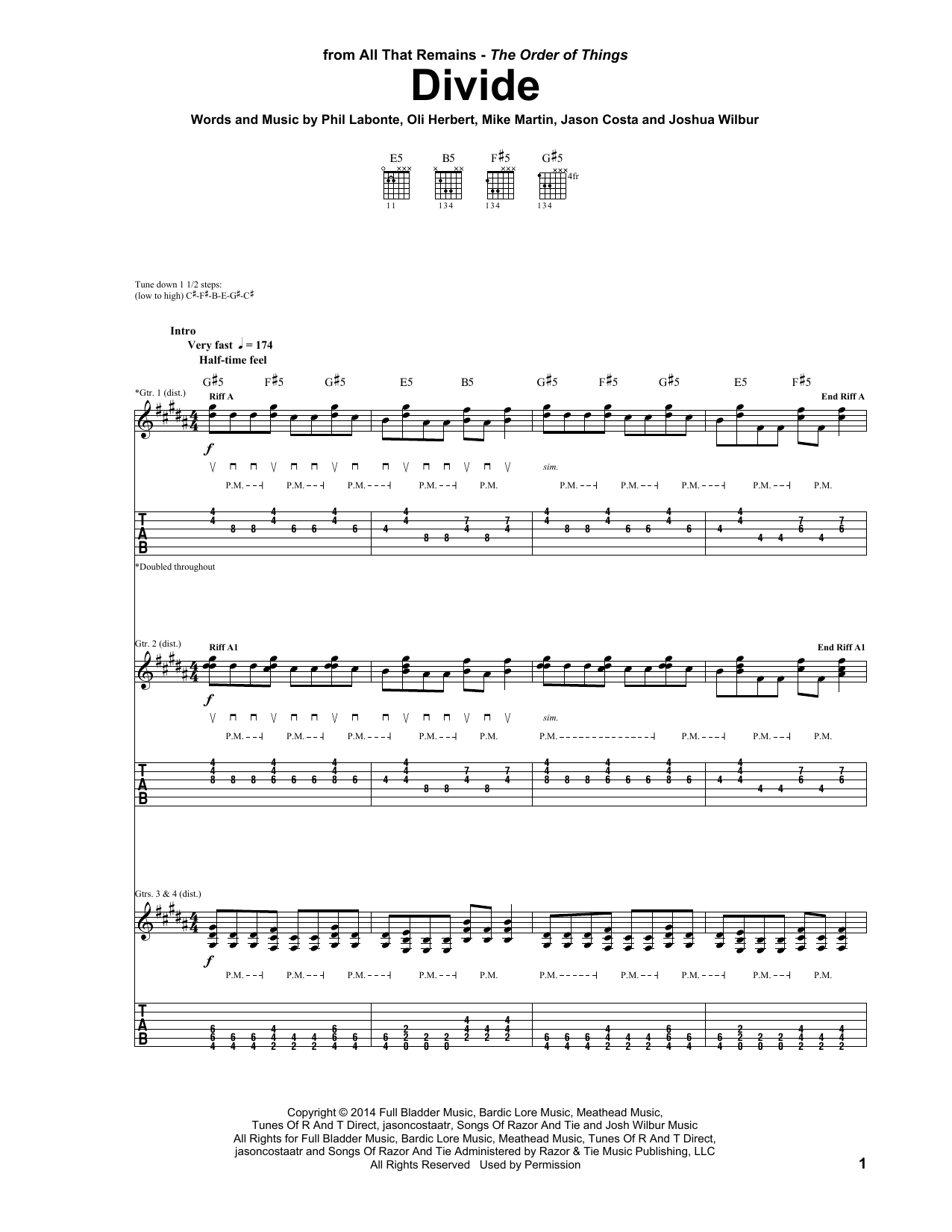 All That Remains Divide sheet music notes and chords arranged for Guitar Tab