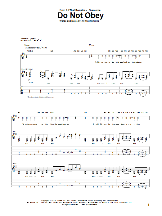 All That Remains Do Not Obey sheet music notes and chords arranged for Guitar Tab