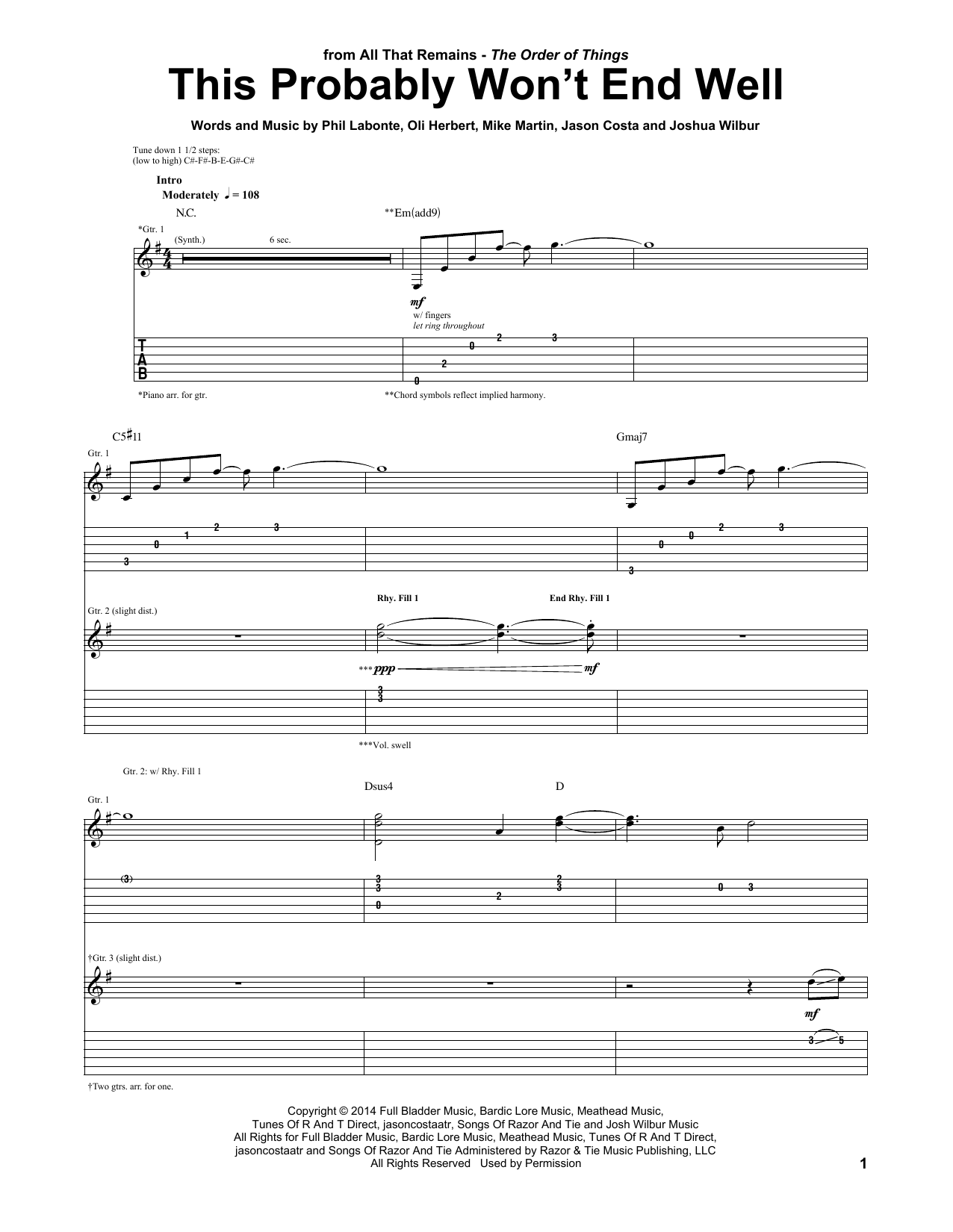 All That Remains This Probably Won't End Well sheet music notes and chords arranged for Guitar Tab
