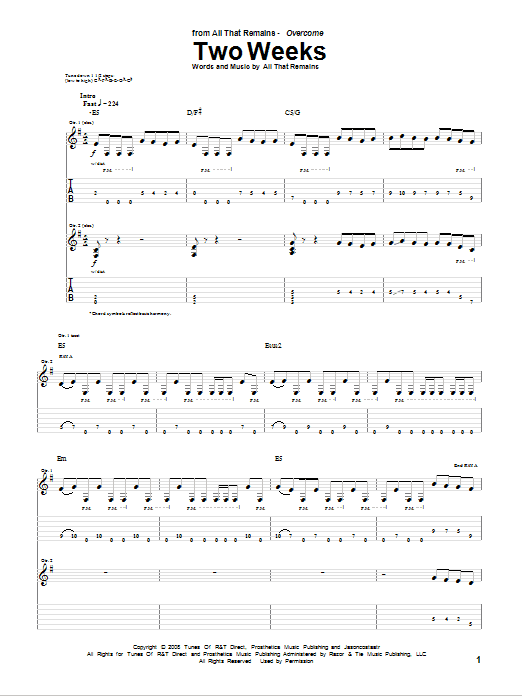All That Remains Two Weeks sheet music notes and chords arranged for Guitar Tab (Single Guitar)